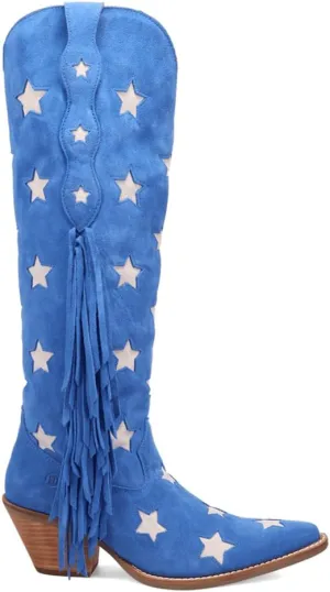 Dingo Womens Super Star Fringe Tooled Inlay Snip Toe Casual Boots Over the Knee Mid Heel 2-3" - Blue