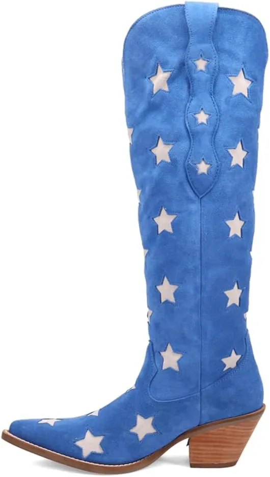 Dingo Womens Super Star Fringe Tooled Inlay Snip Toe Casual Boots Over the Knee Mid Heel 2-3" - Blue