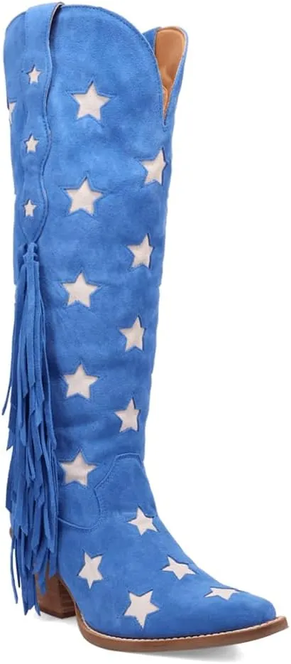 Dingo Womens Super Star Fringe Tooled Inlay Snip Toe Casual Boots Over the Knee Mid Heel 2-3" - Blue