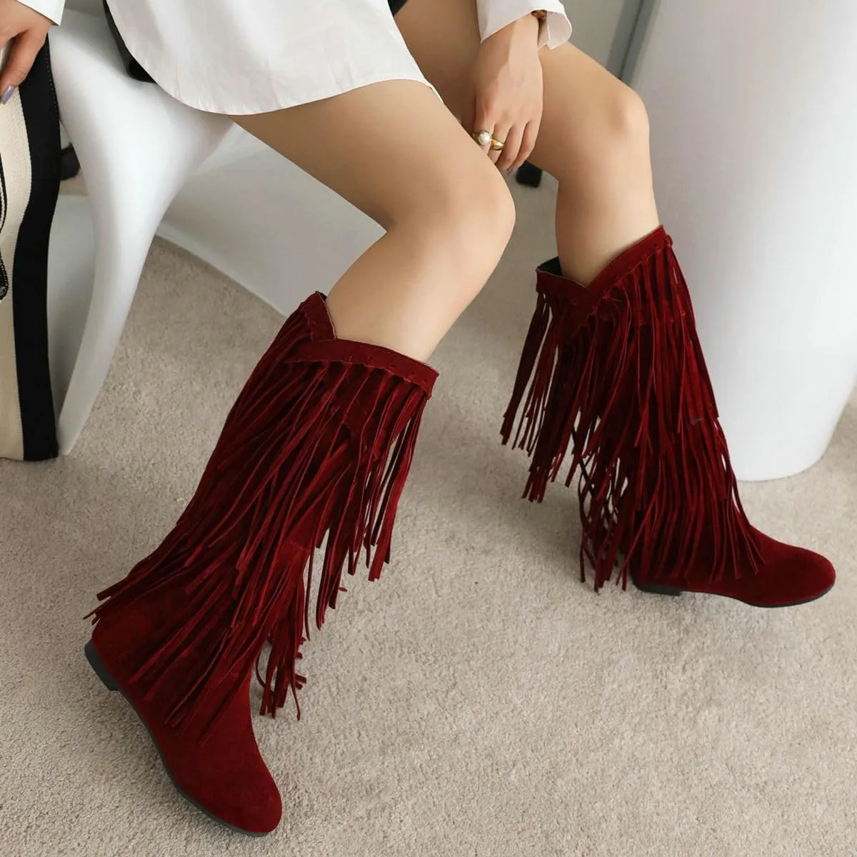 DINTAHA Fringe Suede Boots Flat Knee High Boots With Tassel Long Tall Pull On Boots
