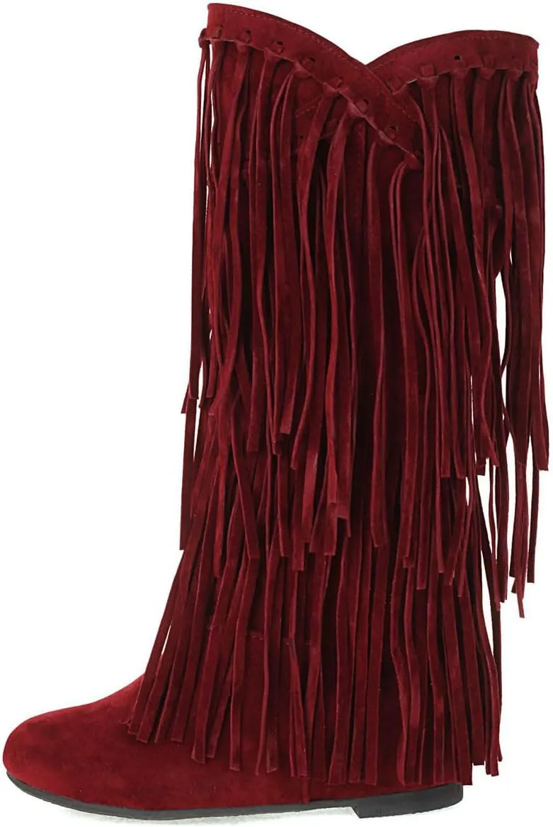 DINTAHA Fringe Suede Boots Flat Knee High Boots With Tassel Long Tall Pull On Boots