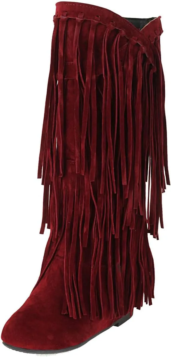 DINTAHA Fringe Suede Boots Flat Knee High Boots With Tassel Long Tall Pull On Boots