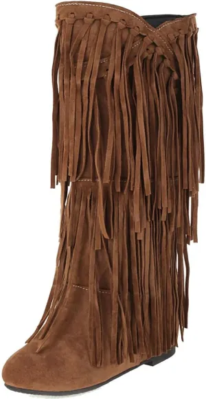 DINTAHA Fringe Suede Boots Flat Knee High Boots With Tassel Long Tall Pull On Boots