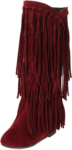 DINTAHA Fringe Suede Boots Flat Knee High Boots With Tassel Long Tall Pull On Boots