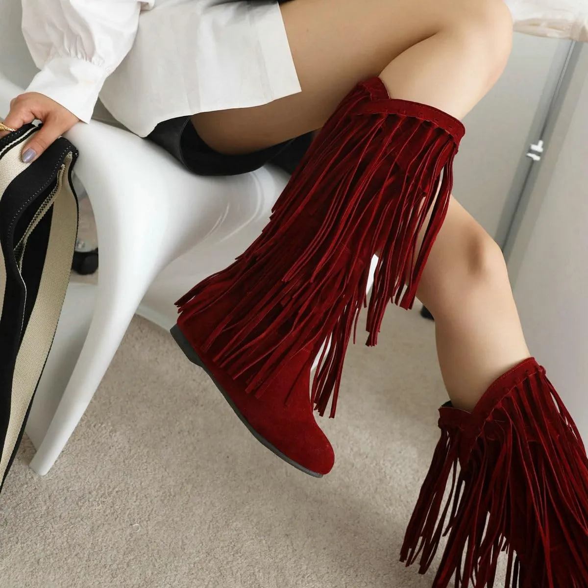 DINTAHA Fringe Suede Boots Flat Knee High Boots With Tassel Long Tall Pull On Boots