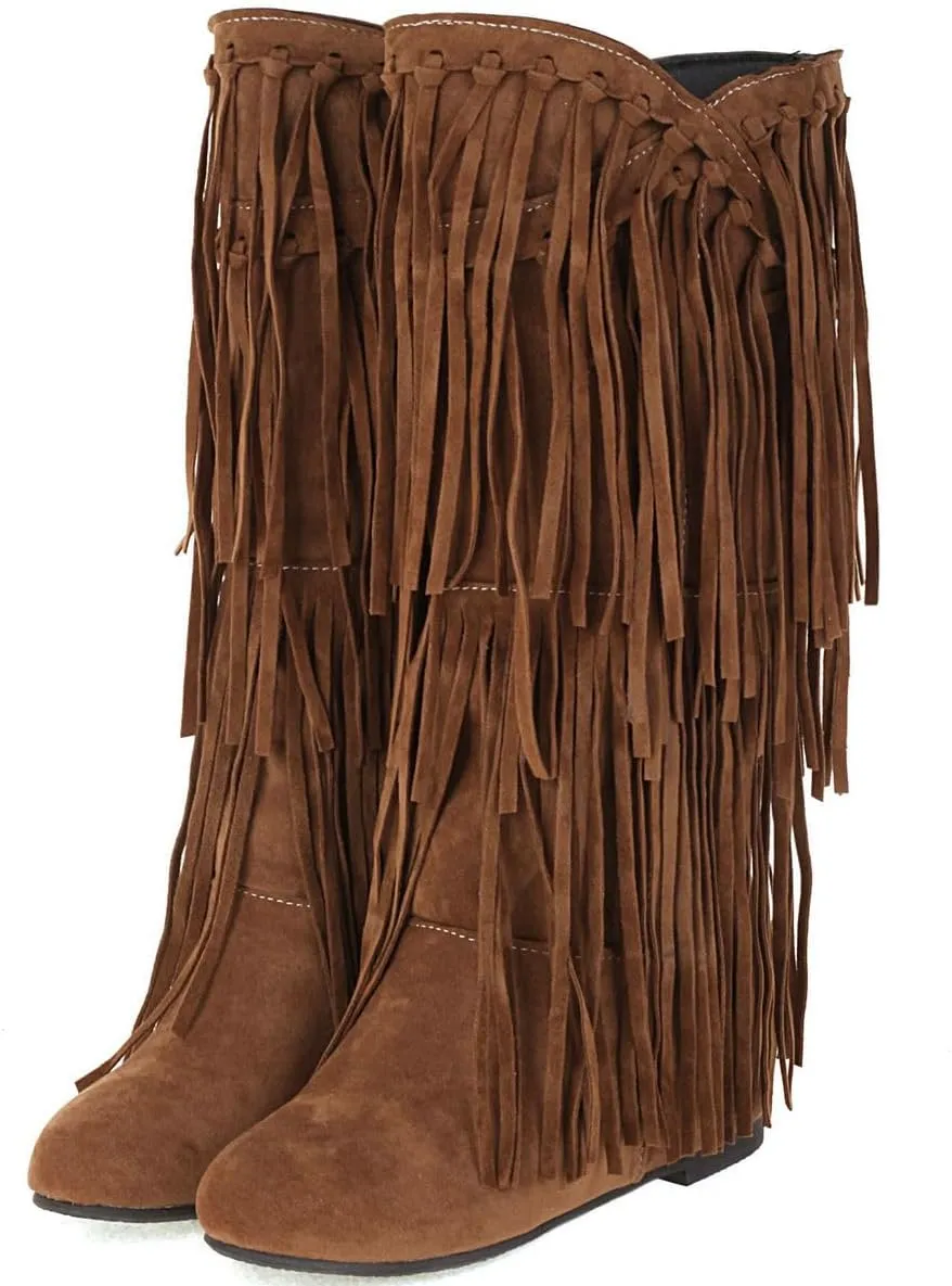 DINTAHA Fringe Suede Boots Flat Knee High Boots With Tassel Long Tall Pull On Boots