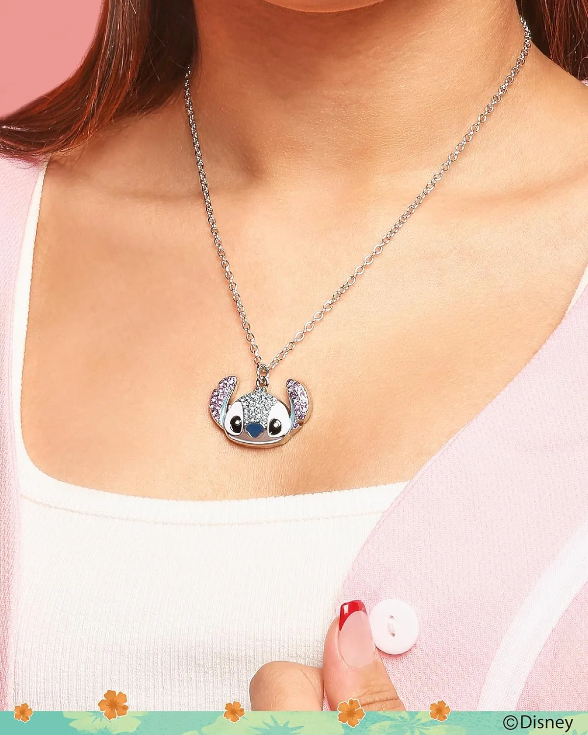 Disney Stitch Necklace for Women Official License, 16" 3" Fashion Pave Crystal Stitch Jewelry for Women