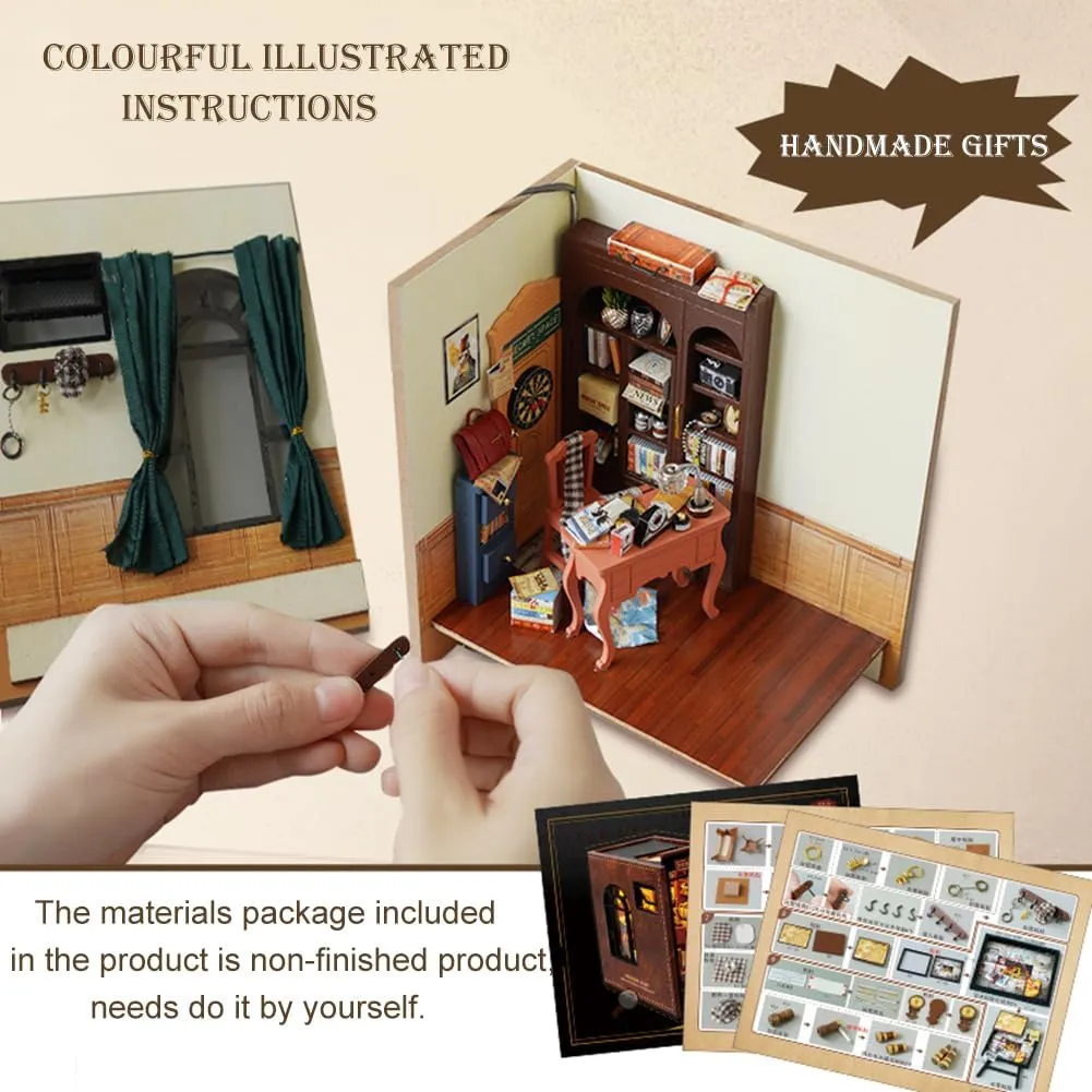 DIY Book Nook Kit Creative Book Stand Insert Bookcase Miniature House Room Model with LED Light 3D Wooden Puzzle Building (Petective Agency)