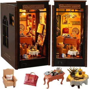 DIY Book Nook Kit Creative Book Stand Insert Bookcase Miniature House Room Model with LED Light 3D Wooden Puzzle Building (Petective Agency)