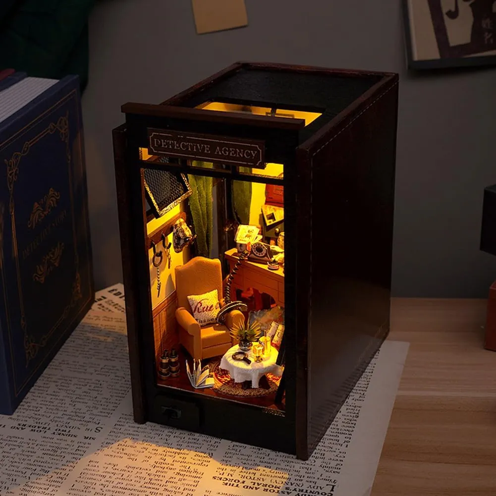DIY Book Nook Kit Creative Book Stand Insert Bookcase Miniature House Room Model with LED Light 3D Wooden Puzzle Building (Petective Agency)