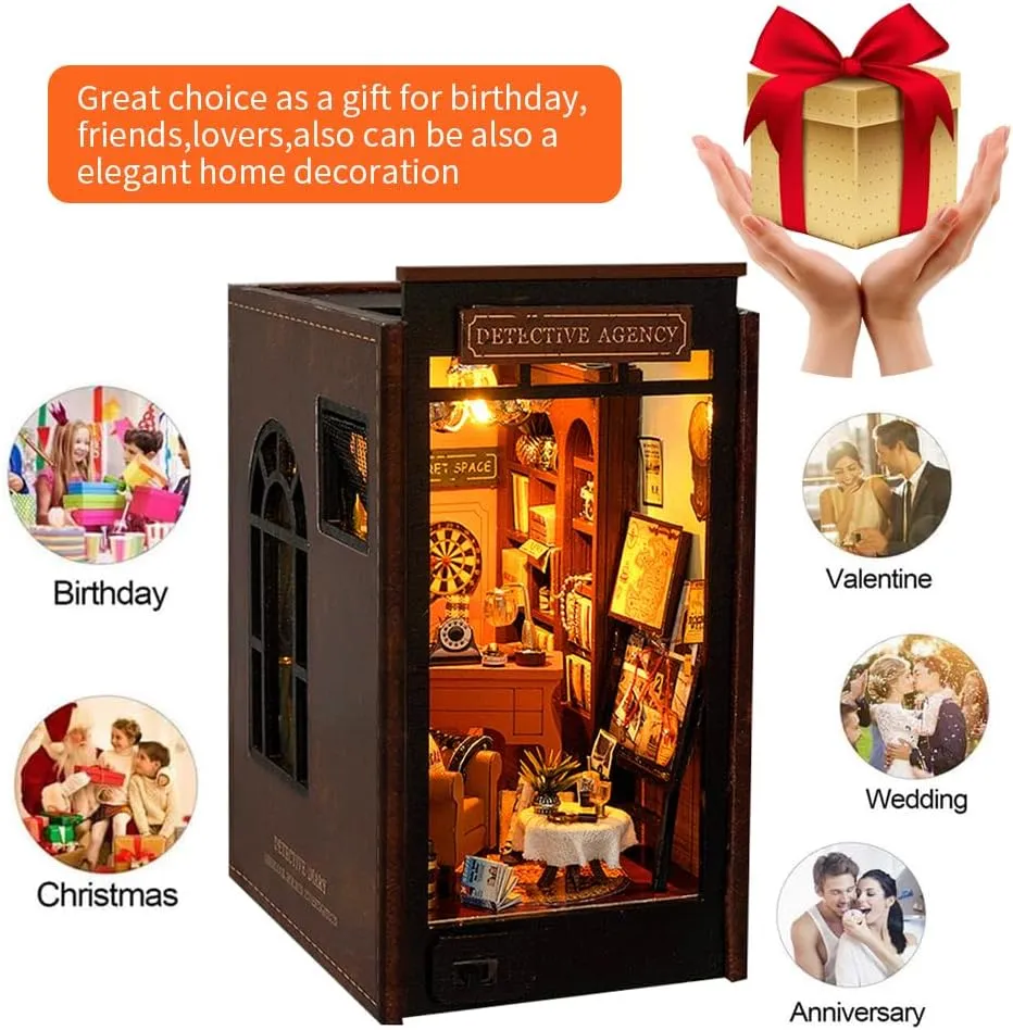 DIY Book Nook Kit Creative Book Stand Insert Bookcase Miniature House Room Model with LED Light 3D Wooden Puzzle Building (Petective Agency)