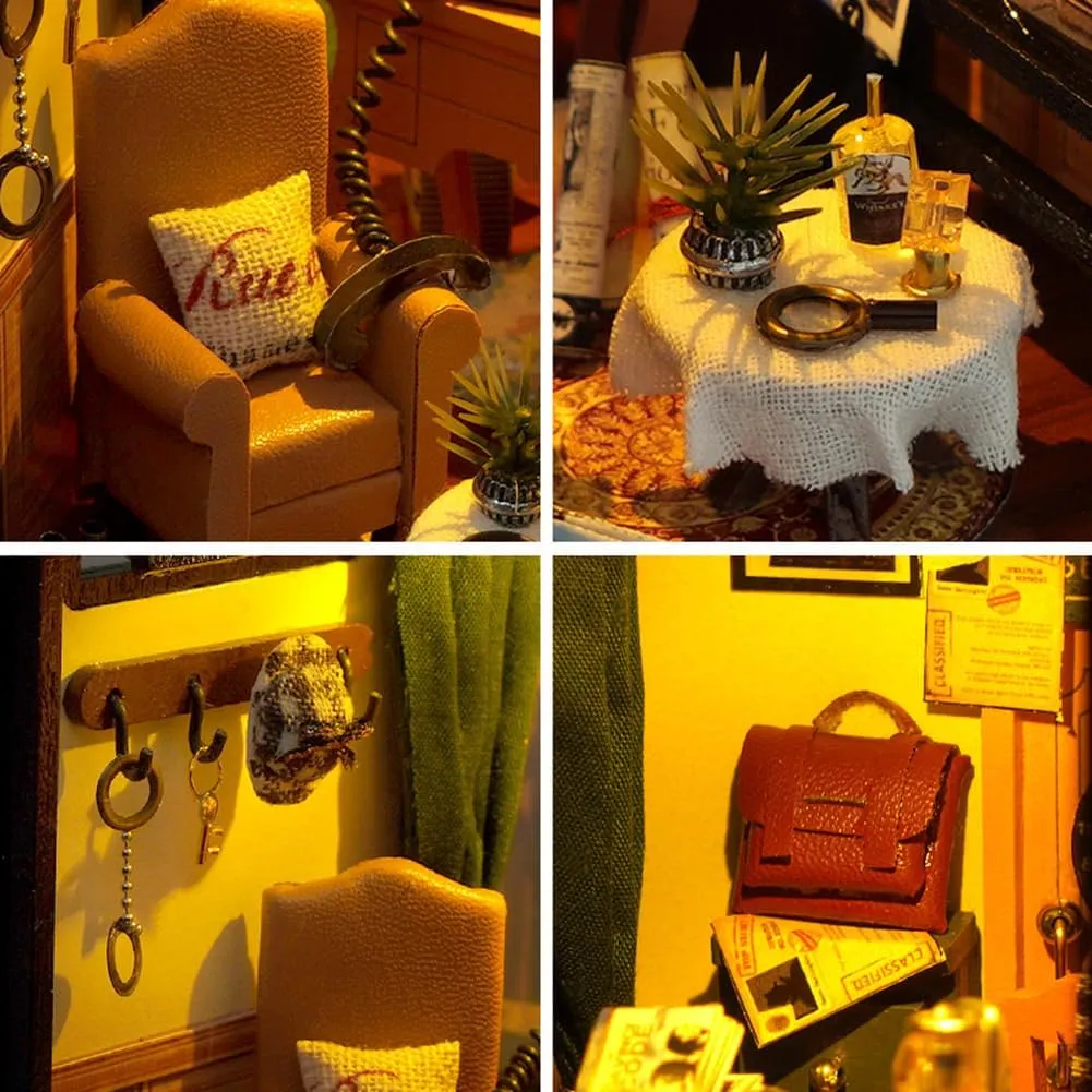 DIY Book Nook Kit Creative Book Stand Insert Bookcase Miniature House Room Model with LED Light 3D Wooden Puzzle Building (Petective Agency)