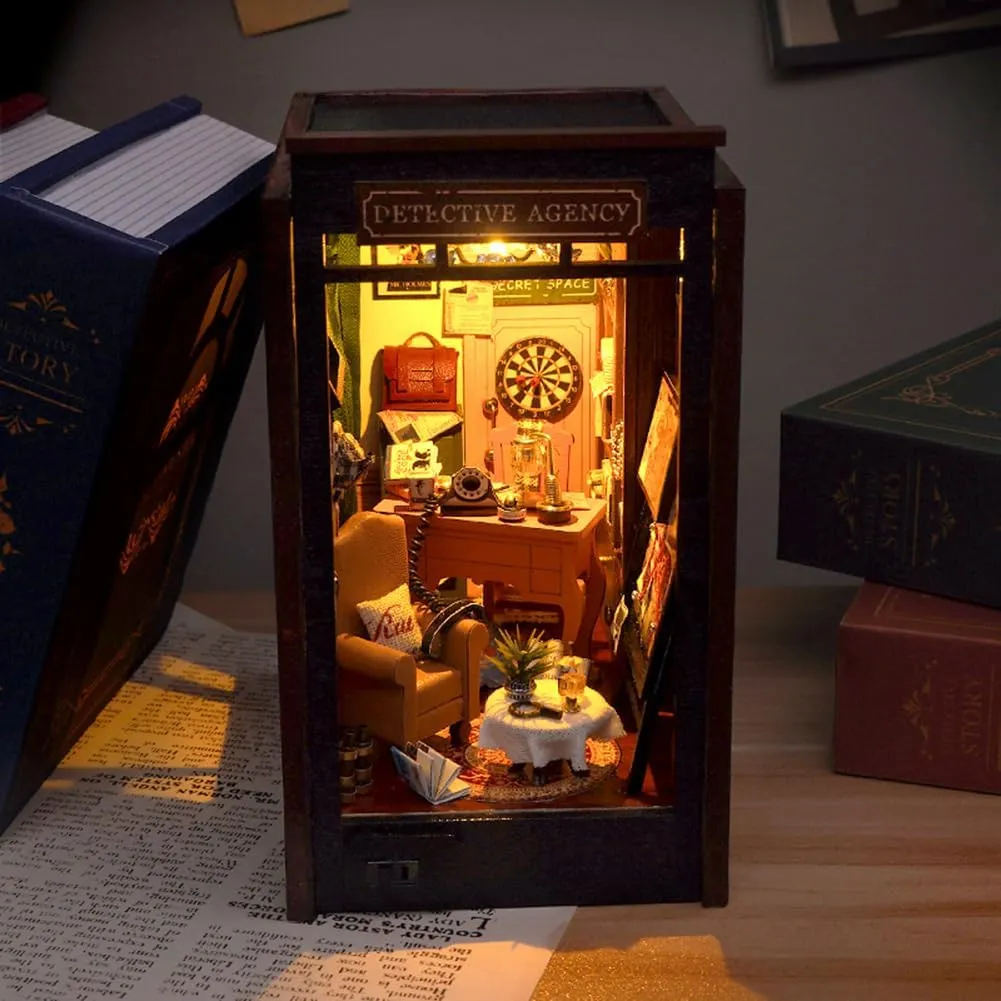 DIY Book Nook Kit Creative Book Stand Insert Bookcase Miniature House Room Model with LED Light 3D Wooden Puzzle Building (Petective Agency)
