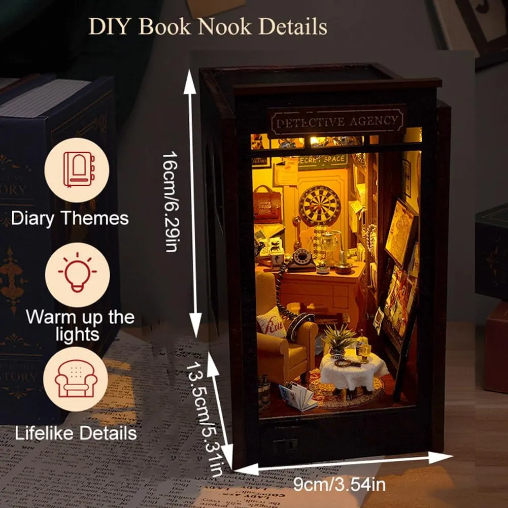 DIY Book Nook Kit Creative Book Stand Insert Bookcase Miniature House Room Model with LED Light 3D Wooden Puzzle Building (Petective Agency)