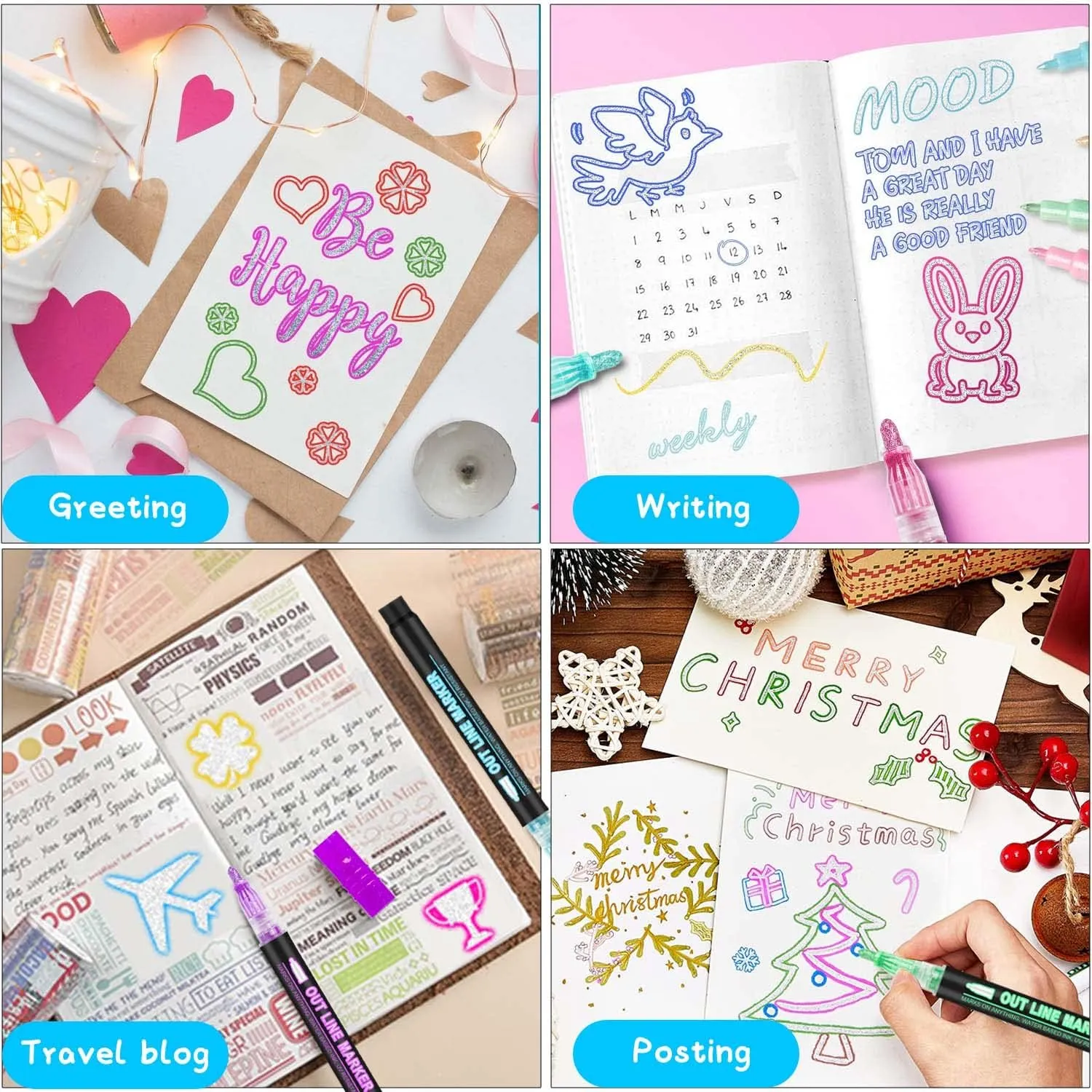 Double Line Outline Markers, 48Colors Super Squiggles Shimmer Outline Marker Pen Set, Self Outline Metallic Markers Glitter Writing Drawing Pens for Birthday Greeting Card, Doodling, DIY Art Crafts