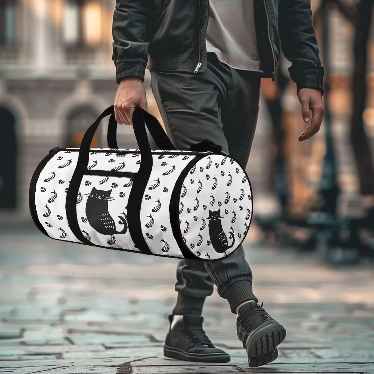Duffle Bag, Cat Fish Paw Print for Men Women Wear Resistant Luggage Bag with Front Zipper Pocket and Strap for Travel Gym Sports