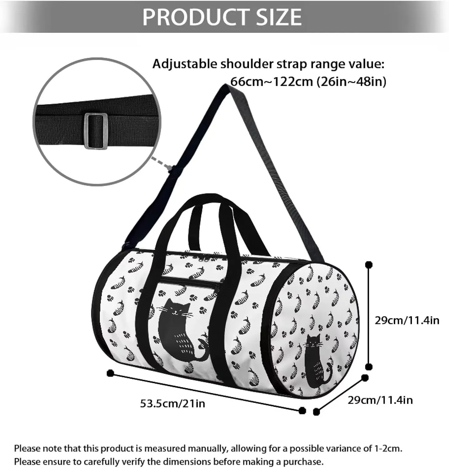 Duffle Bag, Cat Fish Paw Print for Men Women Wear Resistant Luggage Bag with Front Zipper Pocket and Strap for Travel Gym Sports