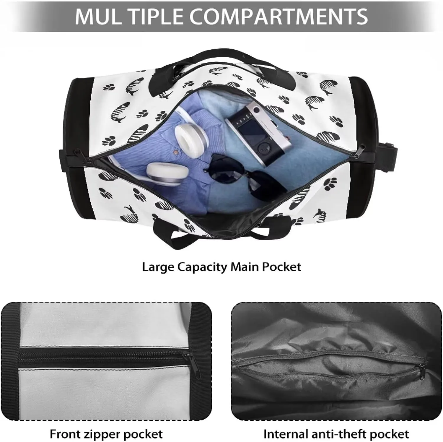 Duffle Bag, Cat Fish Paw Print for Men Women Wear Resistant Luggage Bag with Front Zipper Pocket and Strap for Travel Gym Sports