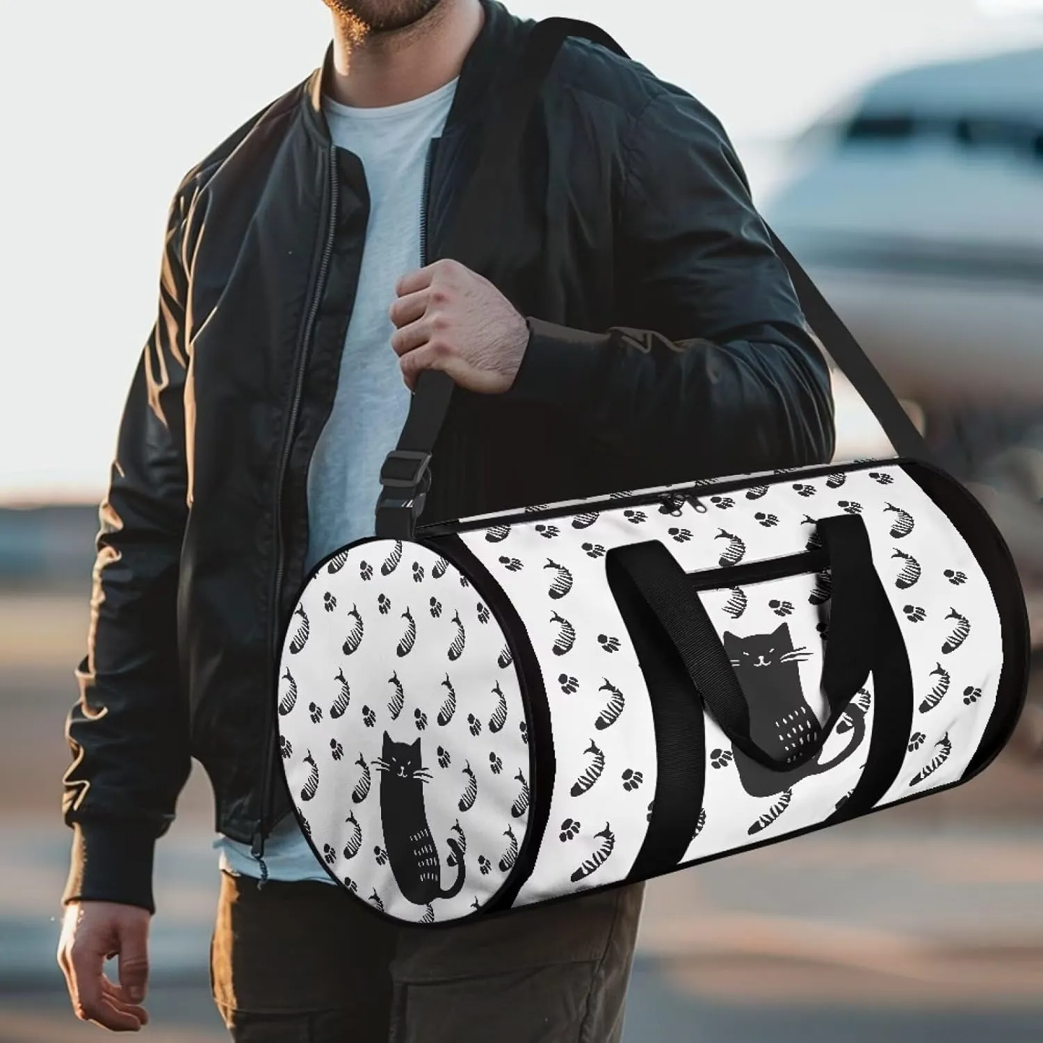 Duffle Bag, Cat Fish Paw Print for Men Women Wear Resistant Luggage Bag with Front Zipper Pocket and Strap for Travel Gym Sports