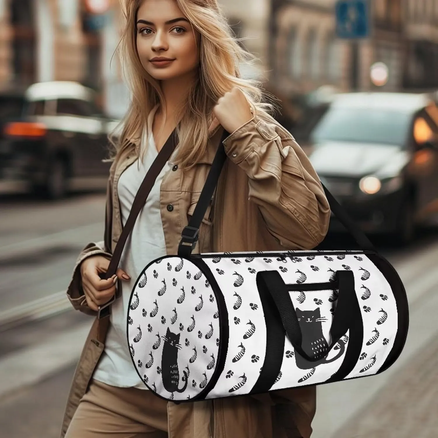 Duffle Bag, Cat Fish Paw Print for Men Women Wear Resistant Luggage Bag with Front Zipper Pocket and Strap for Travel Gym Sports