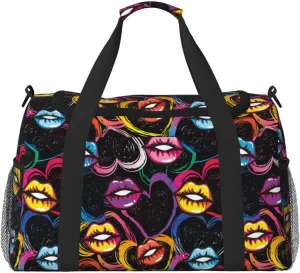 Duffle Bag for Travel, Colorful lips hearts Weekender Overnight Duffel Bag, Carry On Bag Gym Bag for Women Men, Personal Item Travel Bag
