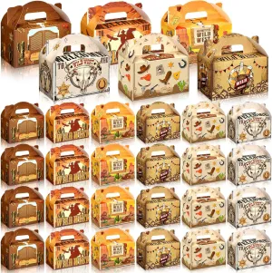 Dunzoom 24 Packs Western Party Favors Decorations Cowboy Goodie Gift Boxes with Handles Western Candy Present Boxes Wild West Treat Bags for Snacks Cowboy Horse Birthday Party Decorations
