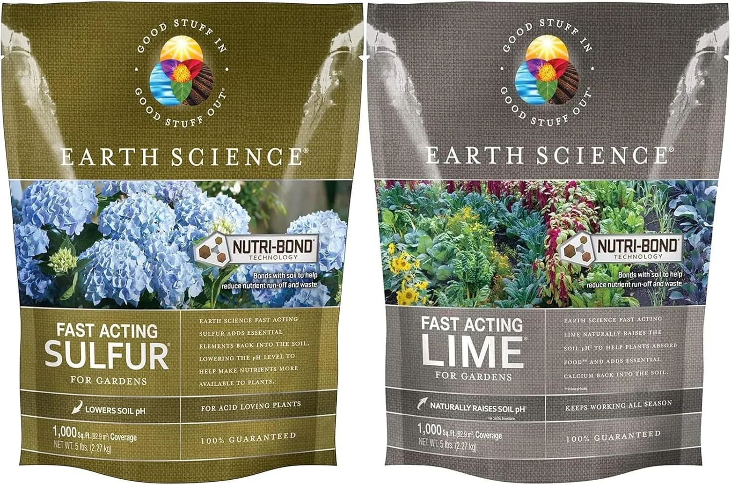 Earth Science Fast Acting Lime & Sulfur Bundle - Raise & Lower Soil pH for Improved Growth, Color & Nutrient Absorption, Long-Lasting Lawn Care, Calcium & Sulfur for Acid-Loving Plants, 5 lb Bags Each