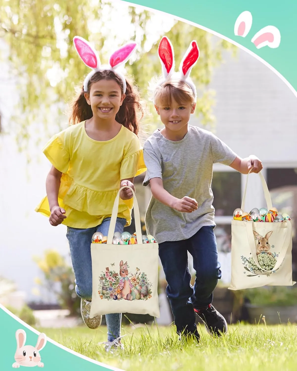Easter Canvas Tote Bags for Kids - 2 Pack Bunny Treat Easter Canvas Bags with Handles, Perfect for Egg Hunts