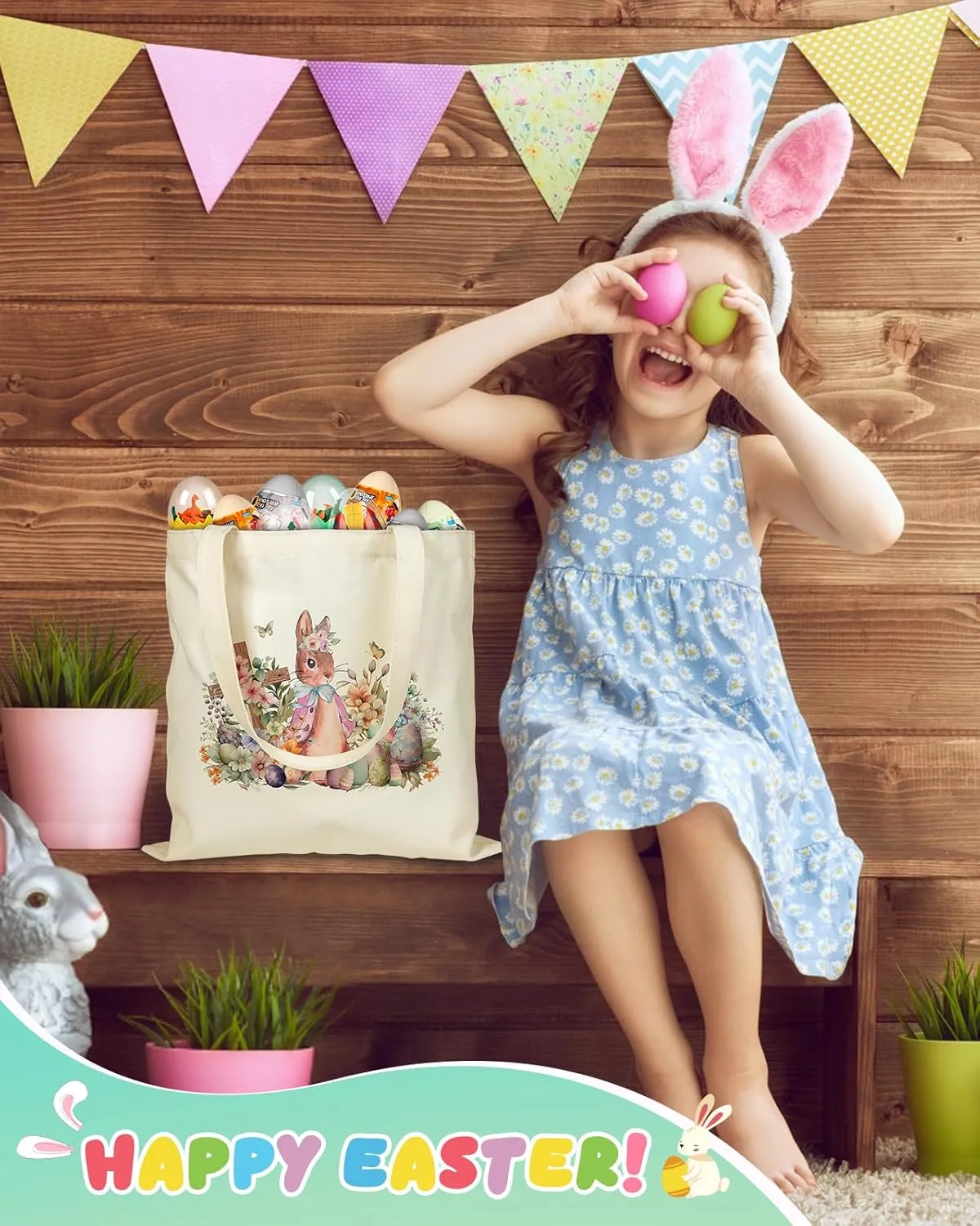 Easter Canvas Tote Bags for Kids - 2 Pack Bunny Treat Easter Canvas Bags with Handles, Perfect for Egg Hunts