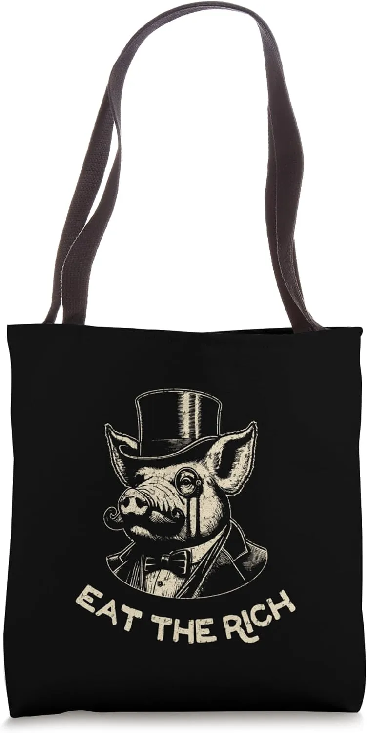Eat The Rich Funny Vintage Anthropomorphic Pig Satire Tote Bag