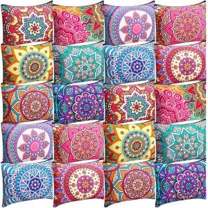 Eccliy 20 Pcs Mandala Makeup Bag Cosmetic Bag Canvas Gifts Colorful Mandala Themed Accessories for Girls Toiletry Pouch with Zipper for Women Party Shopping Home Travel, 9 x 7 Inch