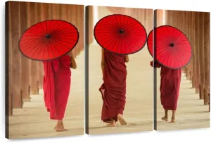 Elephant Stock - Mandalay Burma Monks Wall Art - Horizontal Multi Panel Canvas - 3 Piece Living Room Wall Decor - Photography People Multi Piece Wall Art - Beige And Brown Decor - 23" x 14"