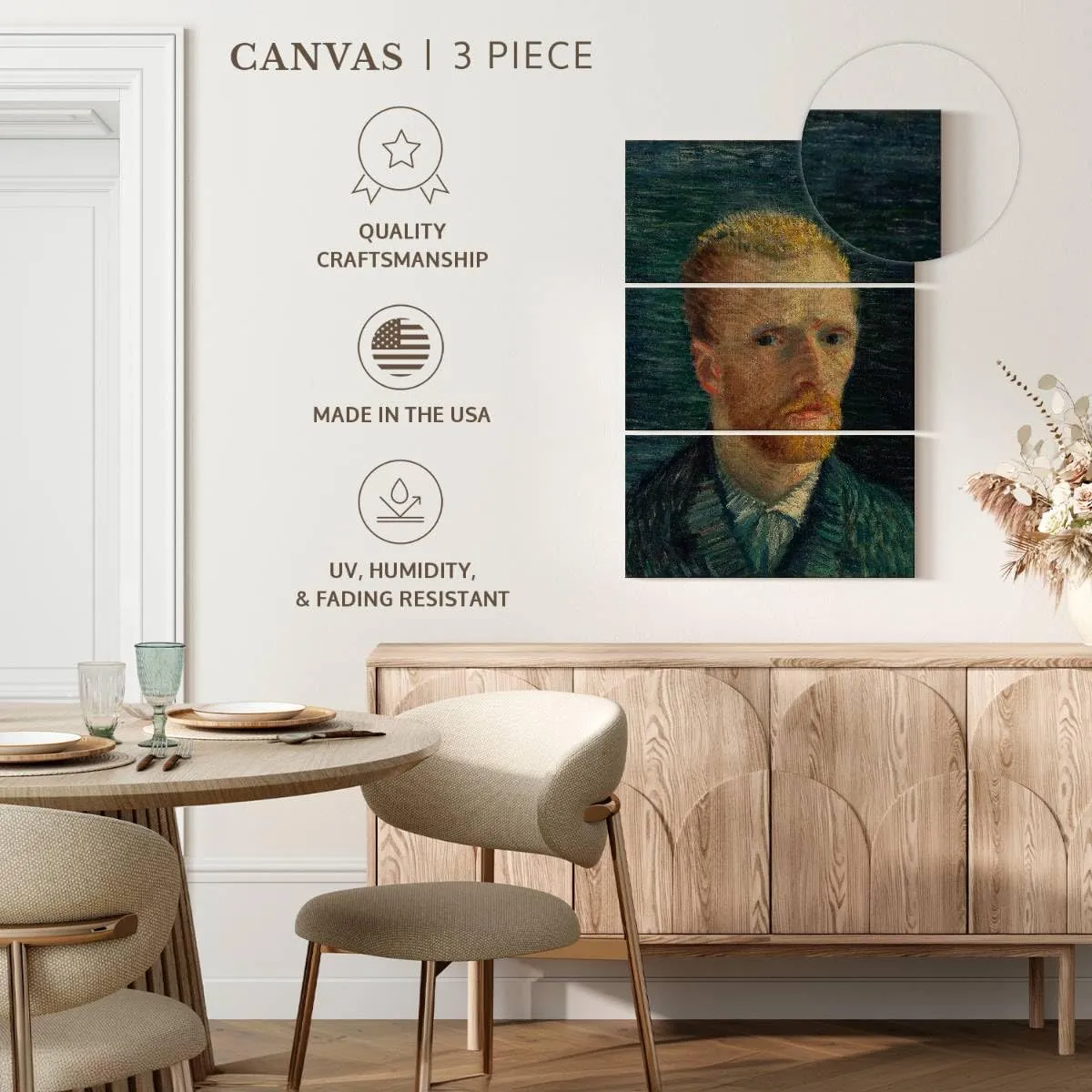 Elephant Stock - Self Portrait IV 1887 Wall Art - Vertical Multi Panel Canvas - 3 Piece Living Room Wall Decor - Painting Famous Artists Multi Piece Wall Art - Gray And Teal Decor by Vincent Van Gogh - 28" x 45"