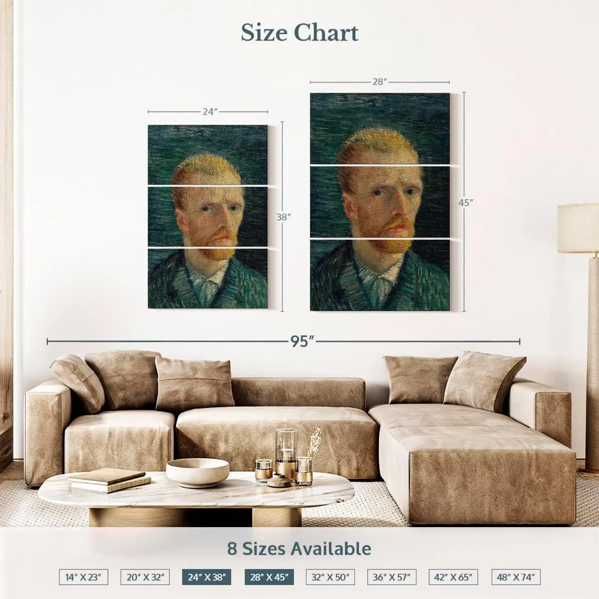 Elephant Stock - Self Portrait IV 1887 Wall Art - Vertical Multi Panel Canvas - 3 Piece Living Room Wall Decor - Painting Famous Artists Multi Piece Wall Art - Gray And Teal Decor by Vincent Van Gogh - 28" x 45"