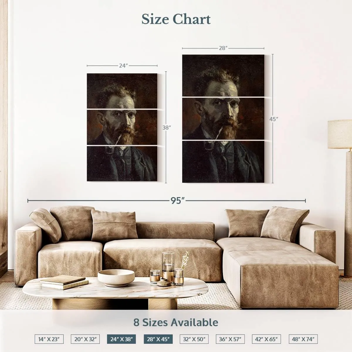 Elephant Stock - Self-portrait With Pipe Wall Art - Vertical Multi Panel Canvas - 3 Piece Living Room Wall Decor - Painting Famous Artists Multi Piece Wall Art - Brown And Black Decor by Vincent Van Gogh - 28" x 45"