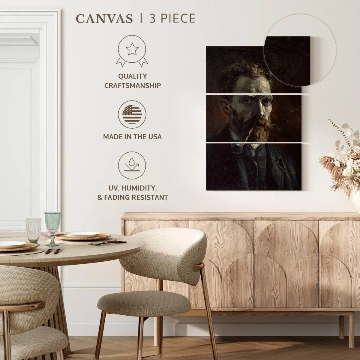 Elephant Stock - Self-portrait With Pipe Wall Art - Vertical Multi Panel Canvas - 3 Piece Living Room Wall Decor - Painting Famous Artists Multi Piece Wall Art - Brown And Black Decor by Vincent Van Gogh - 28" x 45"