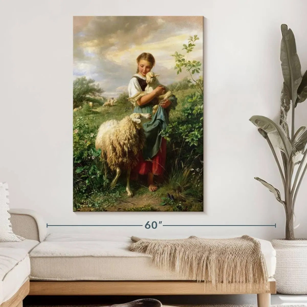 Elephant Stock - The Little Shepherdess 1866 Wall Art - Vertical Canvas Wall Art - Living Room Wall Decor - Painting Child Portraits Canvas Art - Beige And Yellow Decor by Johann Baptist Hofner - 34" x 51"