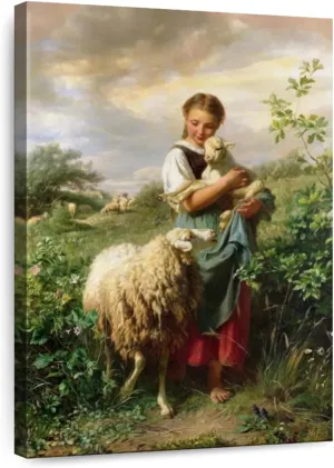 Elephant Stock - The Little Shepherdess 1866 Wall Art - Vertical Canvas Wall Art - Living Room Wall Decor - Painting Child Portraits Canvas Art - Beige And Yellow Decor by Johann Baptist Hofner - 34" x 51"