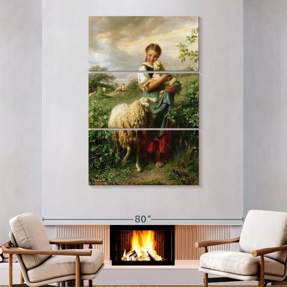 Elephant Stock - The Little Shepherdess 1866 Wall Art - Vertical Multi Panel Canvas - 3 Piece Living Room Wall Decor - Painting Child Portraits Multi Piece Wall Art - Beige And Yellow Decor by Johann Baptist Hofner - 48" x 74"