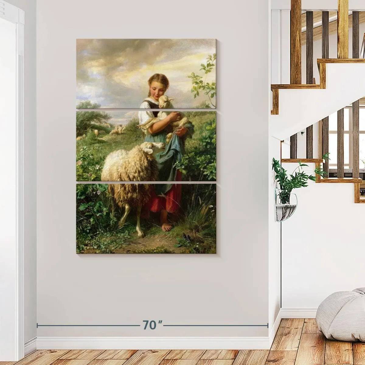 Elephant Stock - The Little Shepherdess 1866 Wall Art - Vertical Multi Panel Canvas - 3 Piece Living Room Wall Decor - Painting Child Portraits Multi Piece Wall Art - Beige And Yellow Decor by Johann Baptist Hofner - 48" x 74"