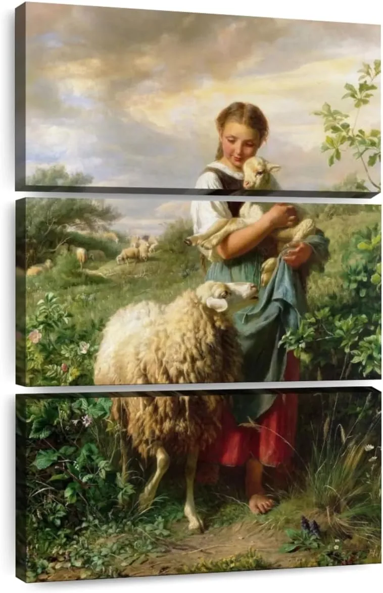 Elephant Stock - The Little Shepherdess 1866 Wall Art - Vertical Multi Panel Canvas - 3 Piece Living Room Wall Decor - Painting Child Portraits Multi Piece Wall Art - Beige And Yellow Decor by Johann Baptist Hofner - 48" x 74"