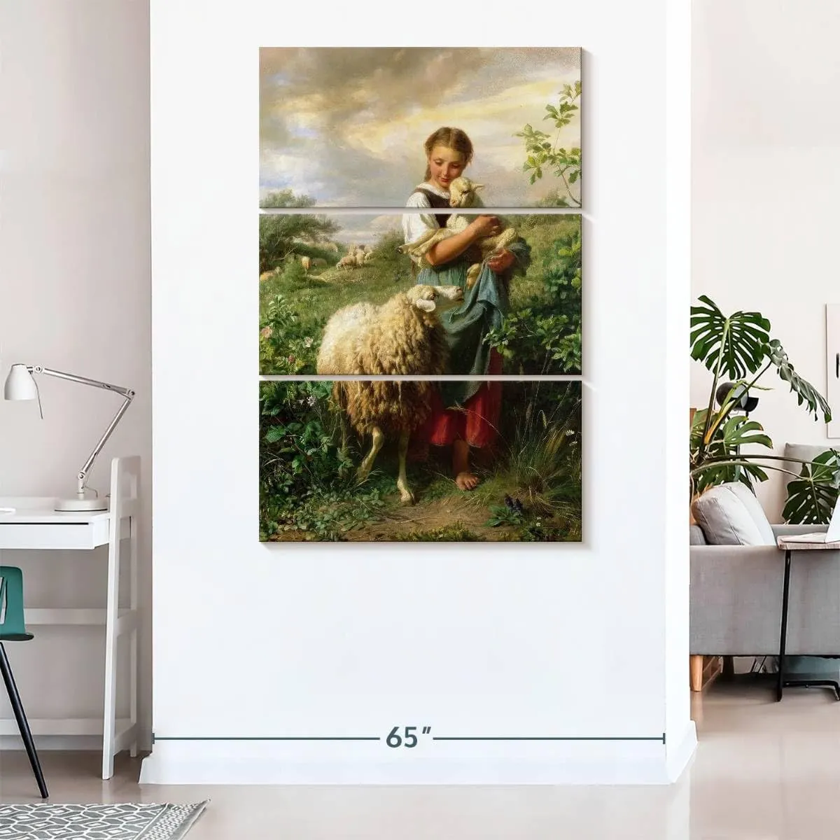 Elephant Stock - The Little Shepherdess 1866 Wall Art - Vertical Multi Panel Canvas - 3 Piece Living Room Wall Decor - Painting Child Portraits Multi Piece Wall Art - Beige And Yellow Decor by Johann Baptist Hofner - 48" x 74"