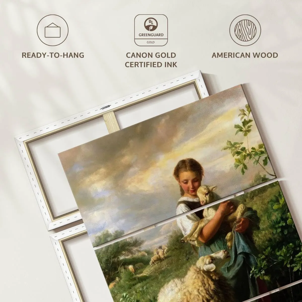 Elephant Stock - The Little Shepherdess 1866 Wall Art - Vertical Multi Panel Canvas - 3 Piece Living Room Wall Decor - Painting Child Portraits Multi Piece Wall Art - Beige And Yellow Decor by Johann Baptist Hofner - 48" x 74"