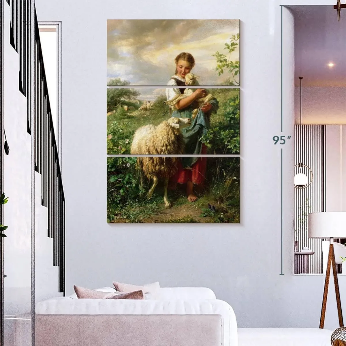 Elephant Stock - The Little Shepherdess 1866 Wall Art - Vertical Multi Panel Canvas - 3 Piece Living Room Wall Decor - Painting Child Portraits Multi Piece Wall Art - Beige And Yellow Decor by Johann Baptist Hofner - 48" x 74"