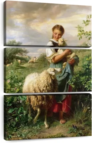 Elephant Stock - The Little Shepherdess 1866 Wall Art - Vertical Multi Panel Canvas - 3 Piece Living Room Wall Decor - Painting Child Portraits Multi Piece Wall Art - Beige And Yellow Decor by Johann Baptist Hofner - 48" x 74"