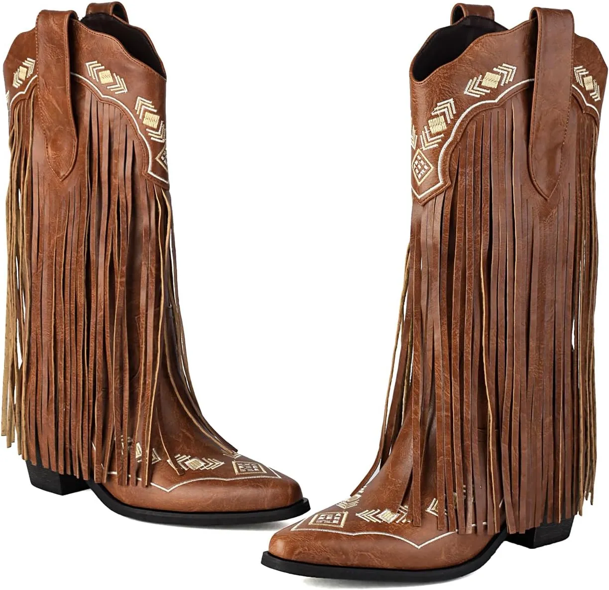 Embroidered Fringe Cowboy Boots for Women, Pull On Mid Calf Chunky Block Heel Pointed Toe Western Cowgirl Boots Riding Country Boot Retro Boots