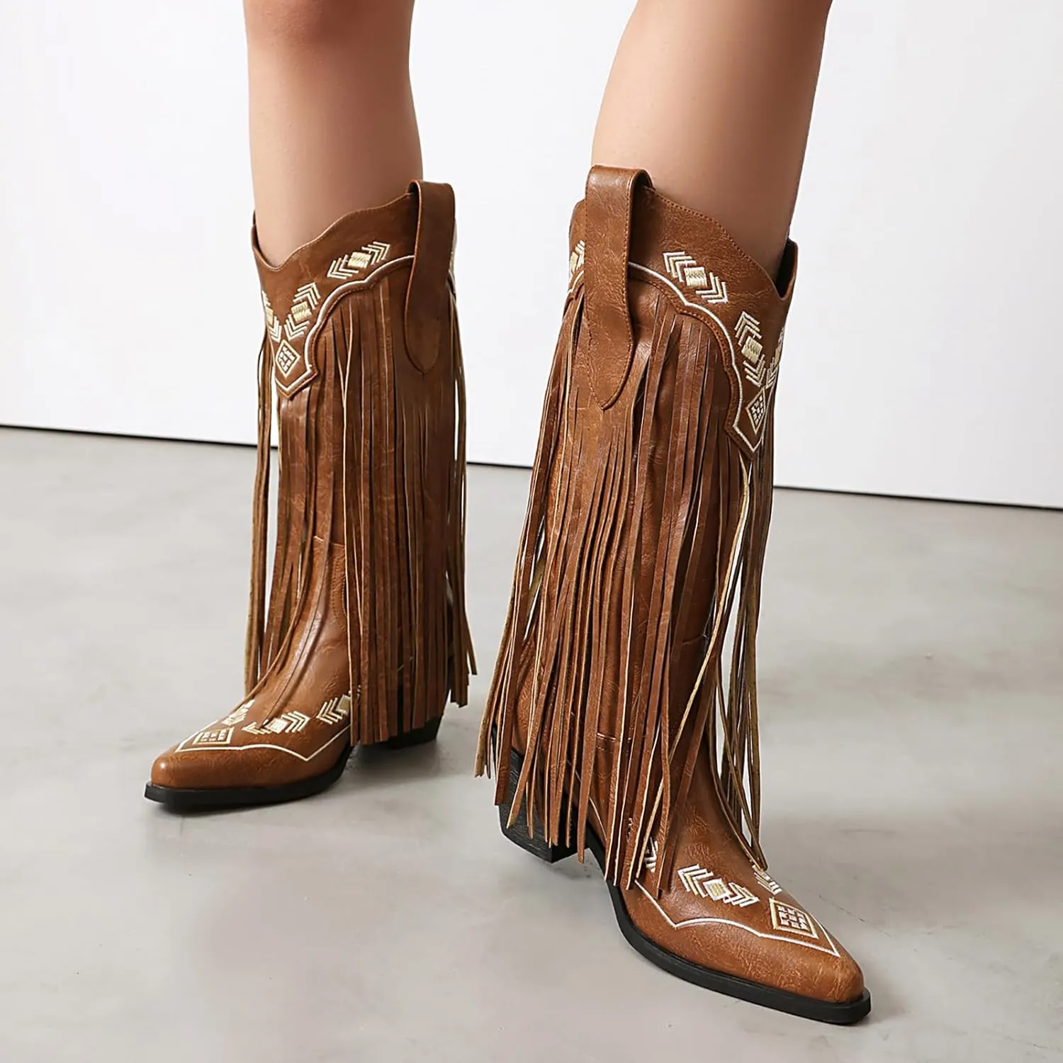 Embroidered Fringe Cowboy Boots for Women, Pull On Mid Calf Chunky Block Heel Pointed Toe Western Cowgirl Boots Riding Country Boot Retro Boots