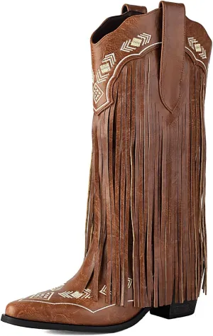 Embroidered Fringe Cowboy Boots for Women, Pull On Mid Calf Chunky Block Heel Pointed Toe Western Cowgirl Boots Riding Country Boot Retro Boots