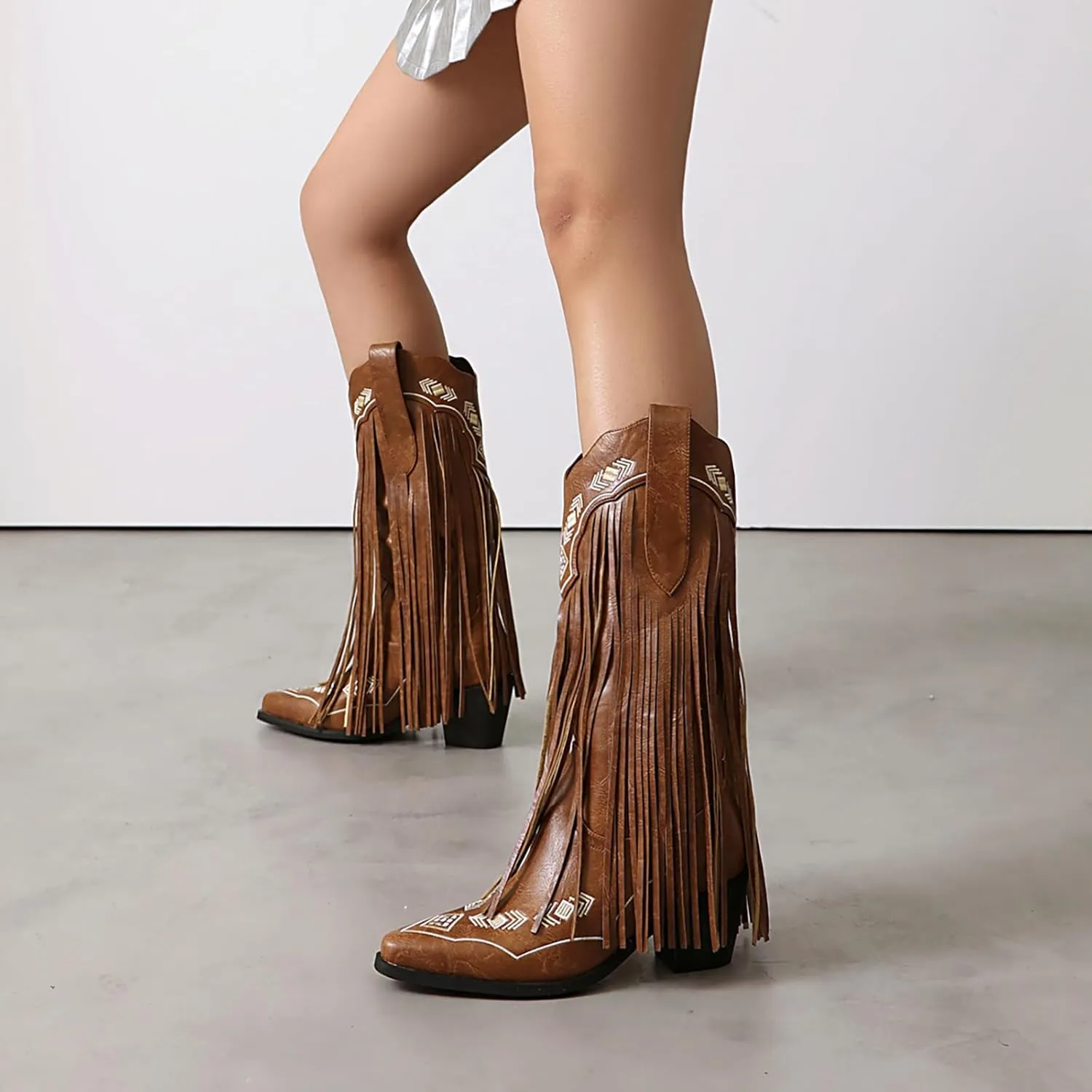 Embroidered Fringe Cowboy Boots for Women, Pull On Mid Calf Chunky Block Heel Pointed Toe Western Cowgirl Boots Riding Country Boot Retro Boots