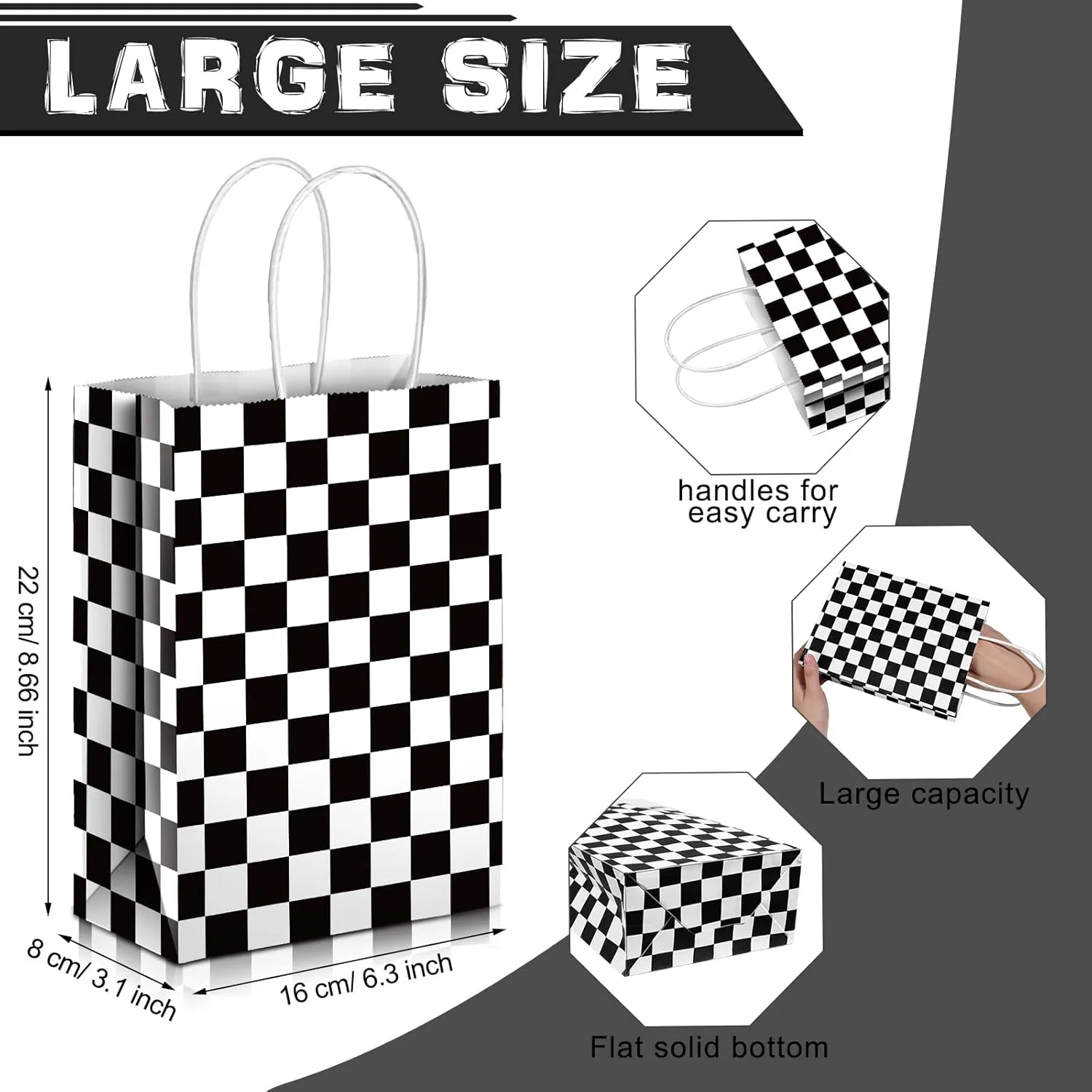 Epakh 16 Pcs Checkered Racing Treat Bags Race Car Party Favors with Handles Black and White Checkered Flag Candy Goodie Gift Bags for Themed Birthday Party Supplies